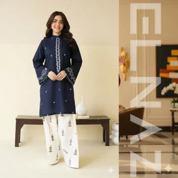 2-Piece Ready-to-Wear Women Outfit – Blue Embroiderd Kurti with Embroidered Trouser | ELNAZ by Needle Crafts Pakistan